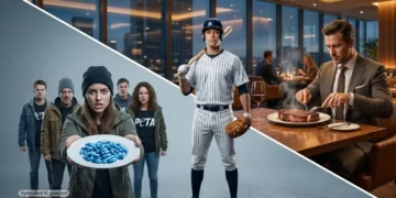 PETA PR-Stunt: Wenn Aktivismus zur Peinlichkeit wird 22 Ein Baseballspieler verlässt am Abend ruhig ein beleuchtetes Steakhaus, während gegenüber auf der Straße laut gestikulierende Aktivisten stehen, Sinnbild für den PETA PR-Stunt