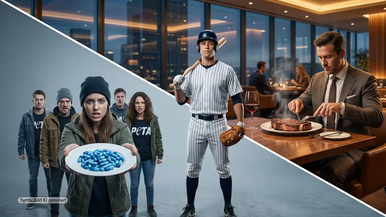 Ein Baseballspieler verlässt am Abend ruhig ein beleuchtetes Steakhaus, während gegenüber auf der Straße laut gestikulierende Aktivisten stehen, Sinnbild für den PETA PR-Stunt