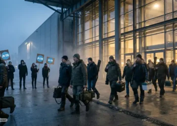 52 Besucher strömen an einem winterlichen Abend in eine Messehalle im Landschaftspark Duisburg während draußen ignorierte Demonstranten stehen und der PETA Boykott Angelmesse wirkungslos bleibt