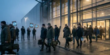 PETA Boykott Angelmesse – Protest ohne Publikum 21 Besucher strömen an einem winterlichen Abend in eine Messehalle im Landschaftspark Duisburg während draußen ignorierte Demonstranten stehen und der PETA Boykott Angelmesse wirkungslos bleibt