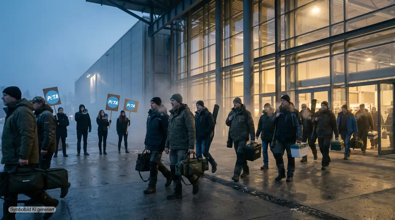Besucher strömen an einem winterlichen Abend in eine Messehalle im Landschaftspark Duisburg während draußen ignorierte Demonstranten stehen und der PETA Boykott Angelmesse wirkungslos bleibt