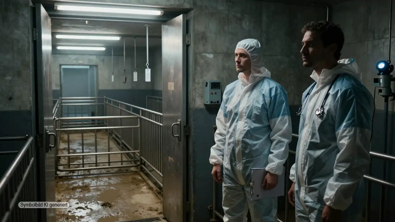 Düsterer Schlachthofgang mit zwei Tierärzten im Halbschatten als Symbol für den Schlachthof-Prozess Bad Iburg