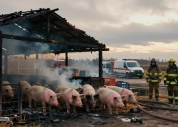 Ausgebrannter Schweinestall nach Brand mit Feuerwehr und geretteten Tieren im Hintergrund im Zusammenhang mit PETA Strafanzeige Stallbrand