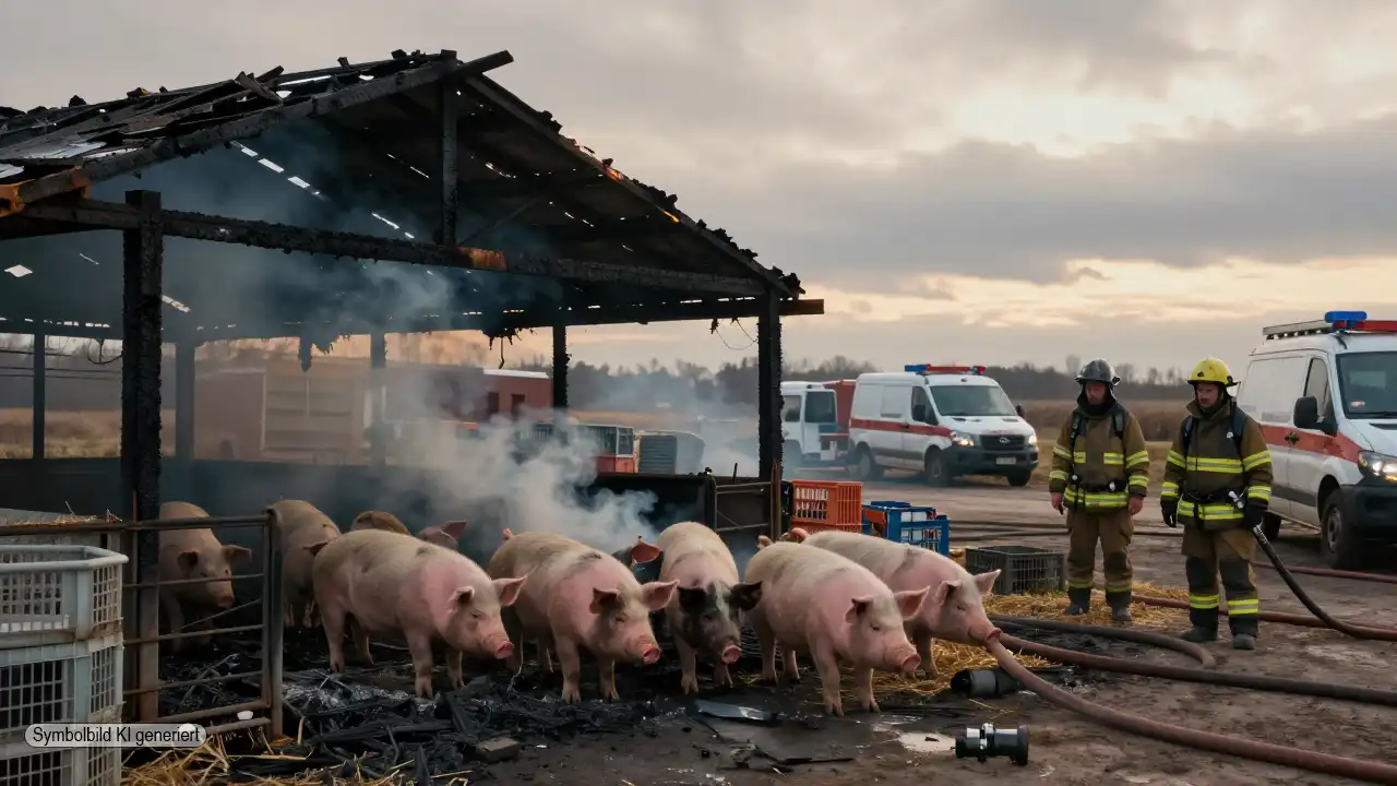 Ausgebrannter Schweinestall nach Brand mit Feuerwehr und geretteten Tieren im Hintergrund im Zusammenhang mit PETA Strafanzeige Stallbrand