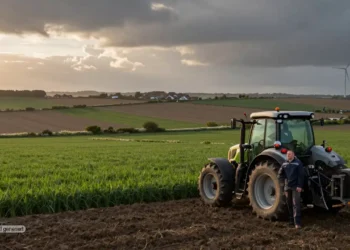 Landwirt steht bei Sonnenaufgang auf einem europäischen Feld mit Traktor, Windrädern und Blühstreifen als Symbol für Umweltschutz Landwirtschaft Anreize