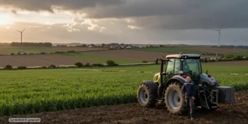 Umweltschutz Landwirtschaft Anreize – Agrarpolitik zwischen Anspruch und Wirklichkeit 19 Landwirt steht bei Sonnenaufgang auf einem europäischen Feld mit Traktor, Windrädern und Blühstreifen als Symbol für Umweltschutz Landwirtschaft Anreize