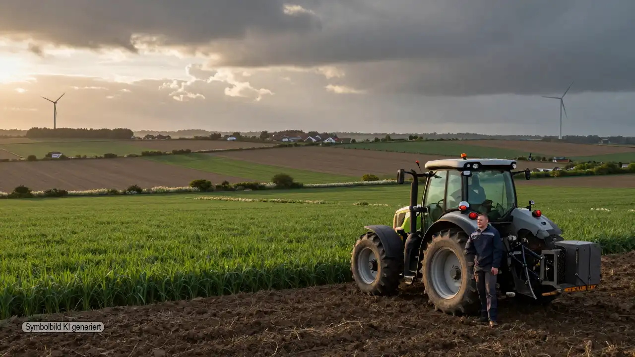 Landwirt steht bei Sonnenaufgang auf einem europäischen Feld mit Traktor, Windrädern und Blühstreifen als Symbol für Umweltschutz Landwirtschaft Anreize