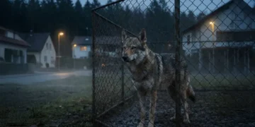Wolfshybrid hinter Metallzaun am Rand eines Wohngebiets vor dunklem Wald symbolisiert Risiken und Probleme der Wolfshybride Privathaltung