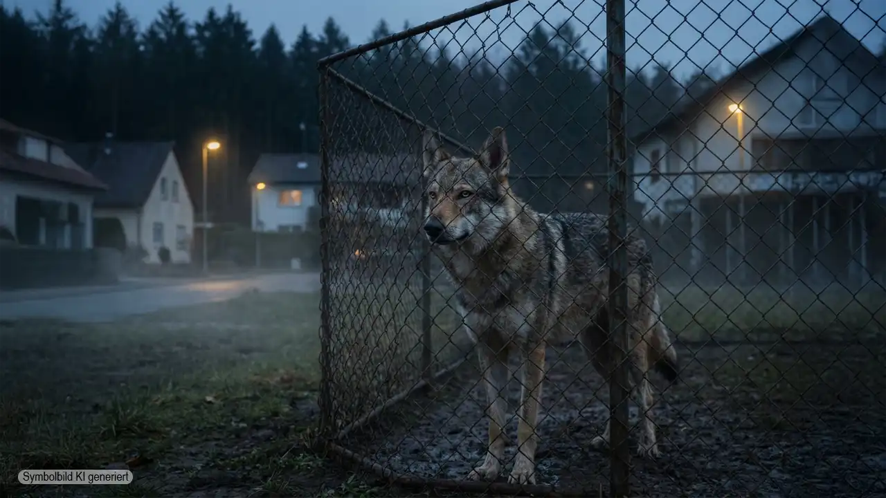 Wolfshybrid hinter Metallzaun am Rand eines Wohngebiets vor dunklem Wald symbolisiert Risiken und Probleme der Wolfshybride Privathaltung
