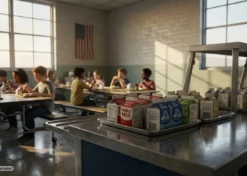 Schulkantine in den USA mit Tabletts und Milchpackungen aus Vollmilch Schulessen neben fettarmer und pflanzlicher Milch unter warmem Tageslicht
