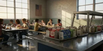 Schulkantine in den USA mit Tabletts und Milchpackungen aus Vollmilch Schulessen neben fettarmer und pflanzlicher Milch unter warmem Tageslicht