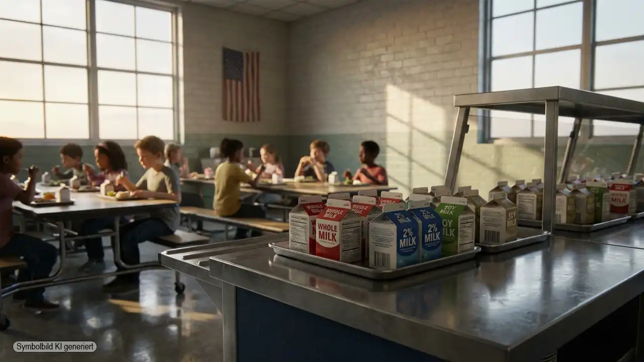 Schulkantine in den USA mit Tabletts und Milchpackungen aus Vollmilch Schulessen neben fettarmer und pflanzlicher Milch unter warmem Tageslicht