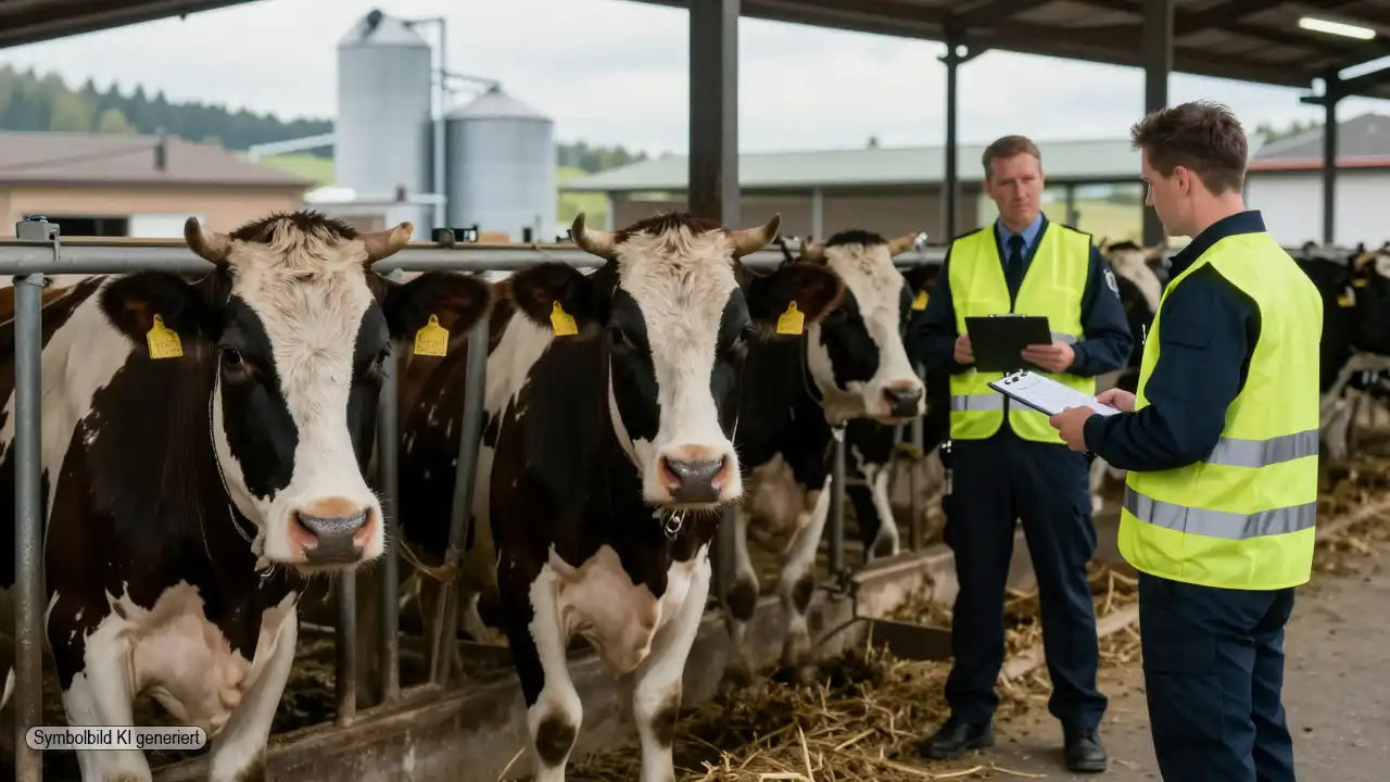 Tierhalteverbot Rinderbetrieb Bad Grönenbach: Kühe stehen in einem Allgäuer Rinderstall, während eine Kontrollbehörde den Betrieb überprüft.
