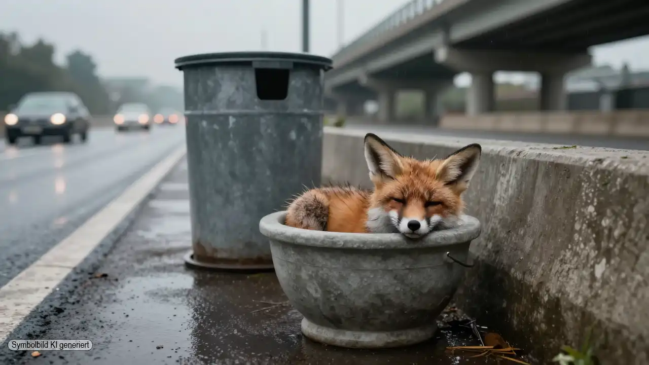 Nasser Fuchswelpe liegt leblos in einem Plastikeimer am Straßenrand nahe einer Autobahnunterführung und steht sinnbildlich für falsche Wildtierhilfe