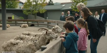 Streichelzoo Bern bleibt – Bildung, Nähe und politische Verantwortung 18 Familien und Kinder beobachten ruhige Zootiere in einem modernen, tiergerecht gestalteten Streichelzoo Bern während Erwachsene im Hintergrund das Bildungskonzept begleiten