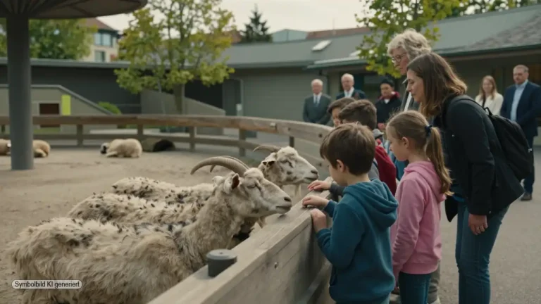 Familien und Kinder beobachten ruhige Zootiere in einem modernen, tiergerecht gestalteten Streichelzoo Bern während Erwachsene im Hintergrund das Bildungskonzept begleiten