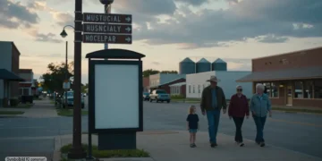 PETA Werbung Kritik: Wenn Provokation im öffentlichen Raum scheitert 22 Ruhiger Stadtplatz in einer Kleinstadt im Mittleren Westen mit leerem öffentlichem Werbeträger und vorbeigehenden Anwohnern als Sinnbild für PETA Werbung Kritik