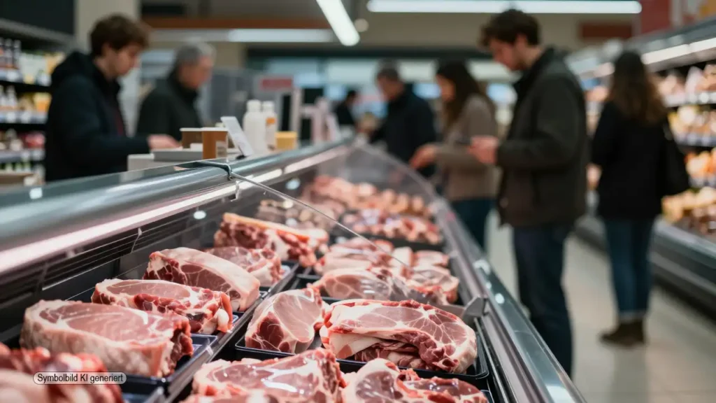 Fleischtheke in einem Supermarkt mit anonym verpacktem Schweinefleisch ohne erkennbare Informationen als Symbol für die verschobene Kennzeichnungspflicht Schweinefleisch