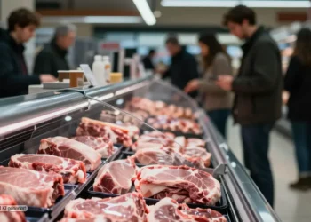 Fleischtheke in einem Supermarkt mit anonym verpacktem Schweinefleisch ohne erkennbare Informationen als Symbol für die verschobene Kennzeichnungspflicht Schweinefleisch