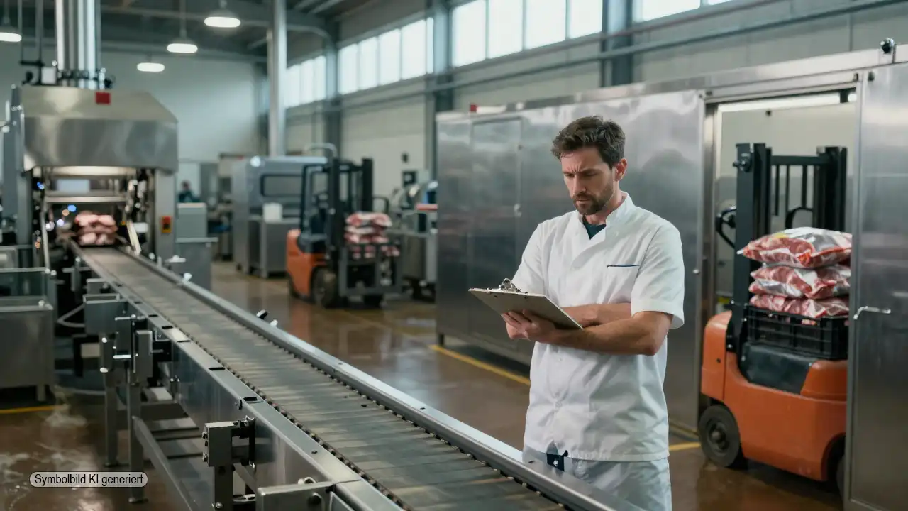 Wurst-Krise Deutschland: Wenn Bürokratie Versorgungssicherheit gefährdet 1 Stillgelegte Fleischverarbeitungsanlage mit leerstehenden Maschinen und nachdenklichem Metzger, während importierte Fleischwaren angeliefert werden und die Wurst-Krise Deutschland symbolisieren