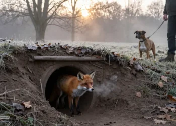Ein Fuchs steht vor dem Eingang einer Schliefenanlage Lemgo während ein Jagdhund in kontrollierter Distanz wartet