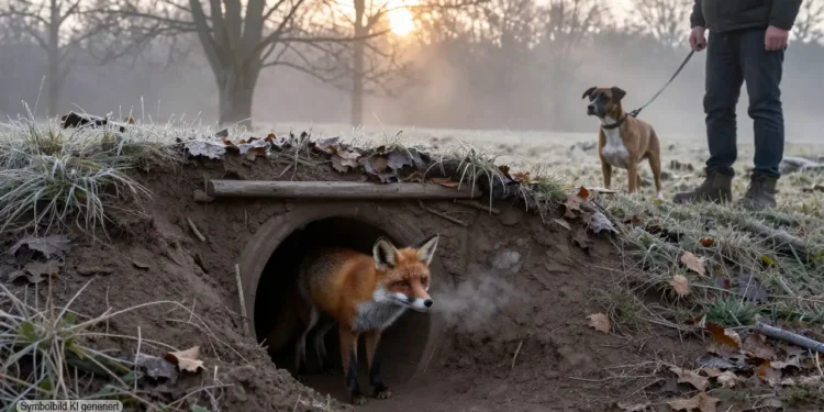 Ein Fuchs steht vor dem Eingang einer Schliefenanlage Lemgo während ein Jagdhund in kontrollierter Distanz wartet