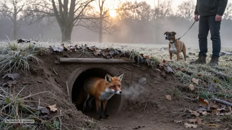 Ein Fuchs steht vor dem Eingang einer Schliefenanlage Lemgo während ein Jagdhund in kontrollierter Distanz wartet