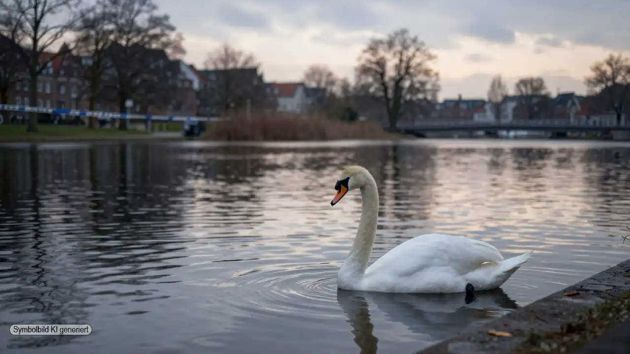 Ruhiger See in Bremen bei grauem Winterlicht mit einem einsamen Schwan nahe dem Ufer als Sinnbild für den Fall enthaupteter Schwan Bremen
