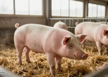 Schweine mit intakten Ringelschwänzen bewegen sich ruhig in einem modernen Stall und stehen für Ringelschwanz Schweinehaltung unter verbesserten Tierwohlbedingungen