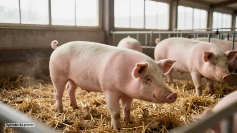 Schweine mit intakten Ringelschwänzen bewegen sich ruhig in einem modernen Stall und stehen für Ringelschwanz Schweinehaltung unter verbesserten Tierwohlbedingungen
