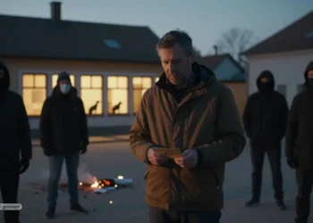 Ein Mann steht nach Silvester allein auf einem winterlichen Marktplatz vor einer beleuchteten Tierrettungsstation, umgeben von anonymen Schattenfiguren und Feuerwerksresten, Sinnbild für Hass nach Tierschutzspende