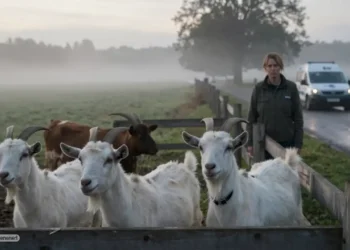 Ziegen und Rinder stehen angespannt auf einem ländlichen Gnadenhof nahe einer Straße, während eine Frau besorgt am Zaun steht und die Gnadenhof Beschlagnahmung spürbar wird