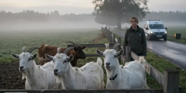 Ziegen und Rinder stehen angespannt auf einem ländlichen Gnadenhof nahe einer Straße, während eine Frau besorgt am Zaun steht und die Gnadenhof Beschlagnahmung spürbar wird