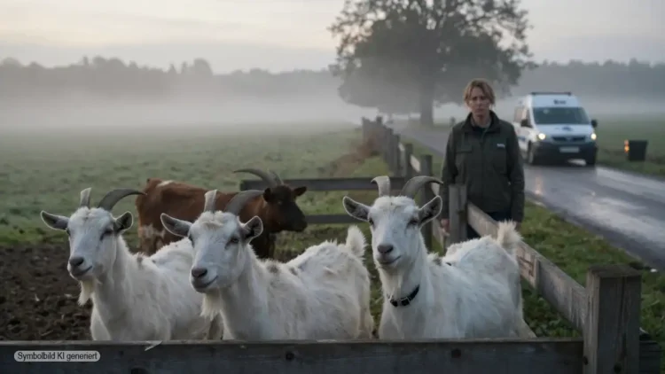 Gnadenhof Beschlagnahmung in Rockenhausen: Wenn Freiraum, Tierschutz und Behörden aufeinanderprallen 31 Ziegen und Rinder stehen angespannt auf einem ländlichen Gnadenhof nahe einer Straße, während eine Frau besorgt am Zaun steht und die Gnadenhof Beschlagnahmung spürbar wird