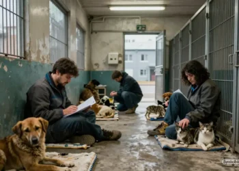 Überfülltes Tierheim mit erschöpften Hunden und Katzen in alten Zwingern während Pfleger zwischen Akten und verletzten Tieren arbeiten und damit sichtbar wird warum Tierheime stärken dringend notwendig ist