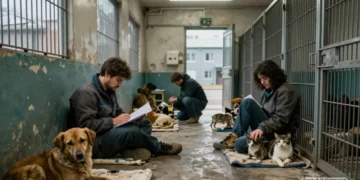 Überfülltes Tierheim mit erschöpften Hunden und Katzen in alten Zwingern während Pfleger zwischen Akten und verletzten Tieren arbeiten und damit sichtbar wird warum Tierheime stärken dringend notwendig ist