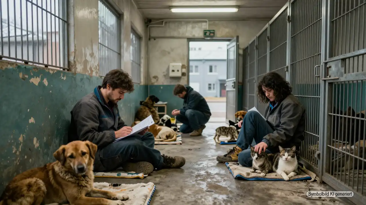 Überfülltes Tierheim mit erschöpften Hunden und Katzen in alten Zwingern während Pfleger zwischen Akten und verletzten Tieren arbeiten und damit sichtbar wird warum Tierheime stärken dringend notwendig ist