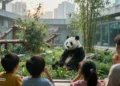 Riesenpanda in modernem Münchner Zoo-Gehege, beobachtet von Kindern und Erwachsenen, symbolisiert die Münchner Panda-Pläne zwischen Bildungsauftrag, Artenschutz und gesellschaftlicher Debatte