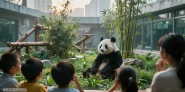 Münchner Panda-Pläne: Bildungsauftrag oder Prestigeprojekt? 20 Riesenpanda in modernem Münchner Zoo-Gehege, beobachtet von Kindern und Erwachsenen, symbolisiert die Münchner Panda-Pläne zwischen Bildungsauftrag, Artenschutz und gesellschaftlicher Debatte