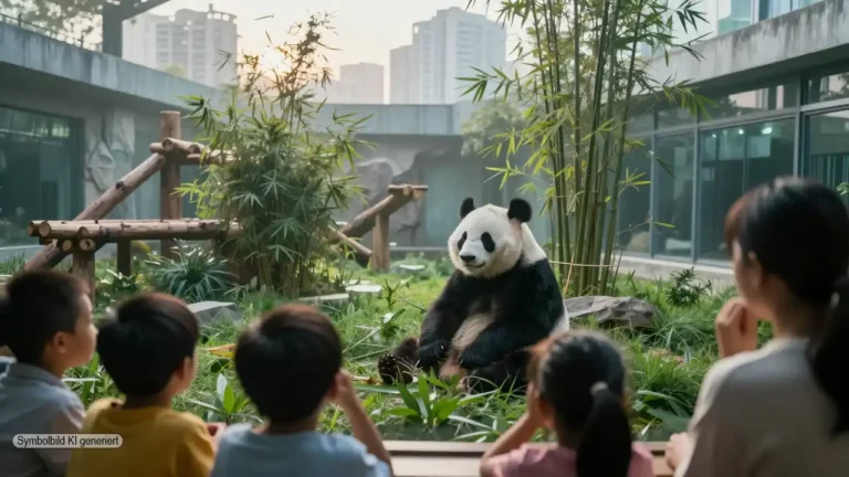 Riesenpanda in modernem Münchner Zoo-Gehege, beobachtet von Kindern und Erwachsenen, symbolisiert die Münchner Panda-Pläne zwischen Bildungsauftrag, Artenschutz und gesellschaftlicher Debatte