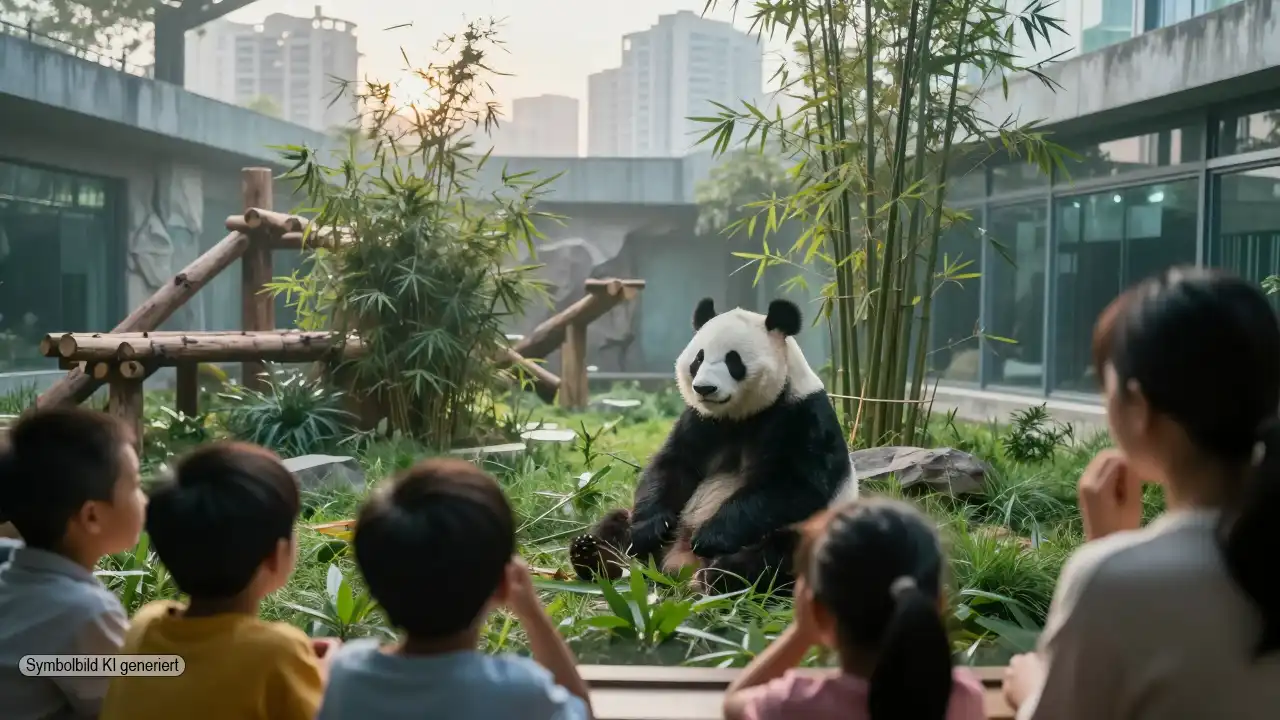 Münchner Panda-Pläne: Bildungsauftrag oder Prestigeprojekt? 1 Riesenpanda in modernem Münchner Zoo-Gehege, beobachtet von Kindern und Erwachsenen, symbolisiert die Münchner Panda-Pläne zwischen Bildungsauftrag, Artenschutz und gesellschaftlicher Debatte