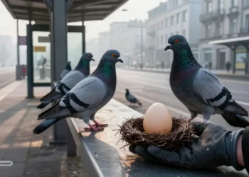 Tauben auf einem städtischen Verkehrsbauwerk, während eine Hand ein echtes Ei gegen eine Attrappe austauscht und so das Taubeneier Austausch Verbot in München symbolisiert