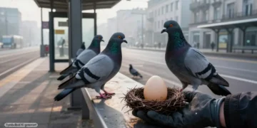 Taubeneier Austausch Verbot in München: Wenn Zuständigkeiten Tierschutz blockieren 18 Tauben auf einem städtischen Verkehrsbauwerk, während eine Hand ein echtes Ei gegen eine Attrappe austauscht und so das Taubeneier Austausch Verbot in München symbolisiert