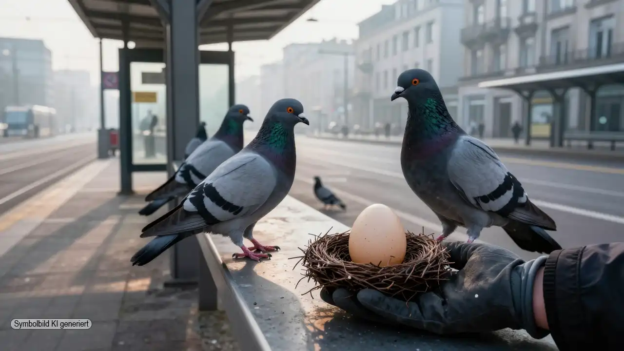 Tauben auf einem städtischen Verkehrsbauwerk, während eine Hand ein echtes Ei gegen eine Attrappe austauscht und so das Taubeneier Austausch Verbot in München symbolisiert