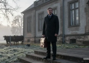 Anwalt steht vor nebligem Landgericht Memmingen, im Hintergrund schemenhafte Rinder, Sinnbild für den Allgäuer Tierschutzskandal