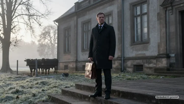 Anwalt steht vor nebligem Landgericht Memmingen, im Hintergrund schemenhafte Rinder, Sinnbild für den Allgäuer Tierschutzskandal