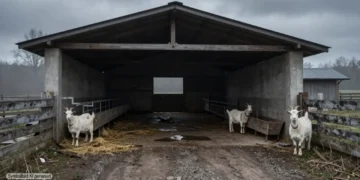 Verlassener Ziegenstall auf einem Hof in Bayern mit leerstehenden Ställen und wenigen Ziegen am Rand, der den Ziegenhof Tierschutzskandal visuell widerspiegelt