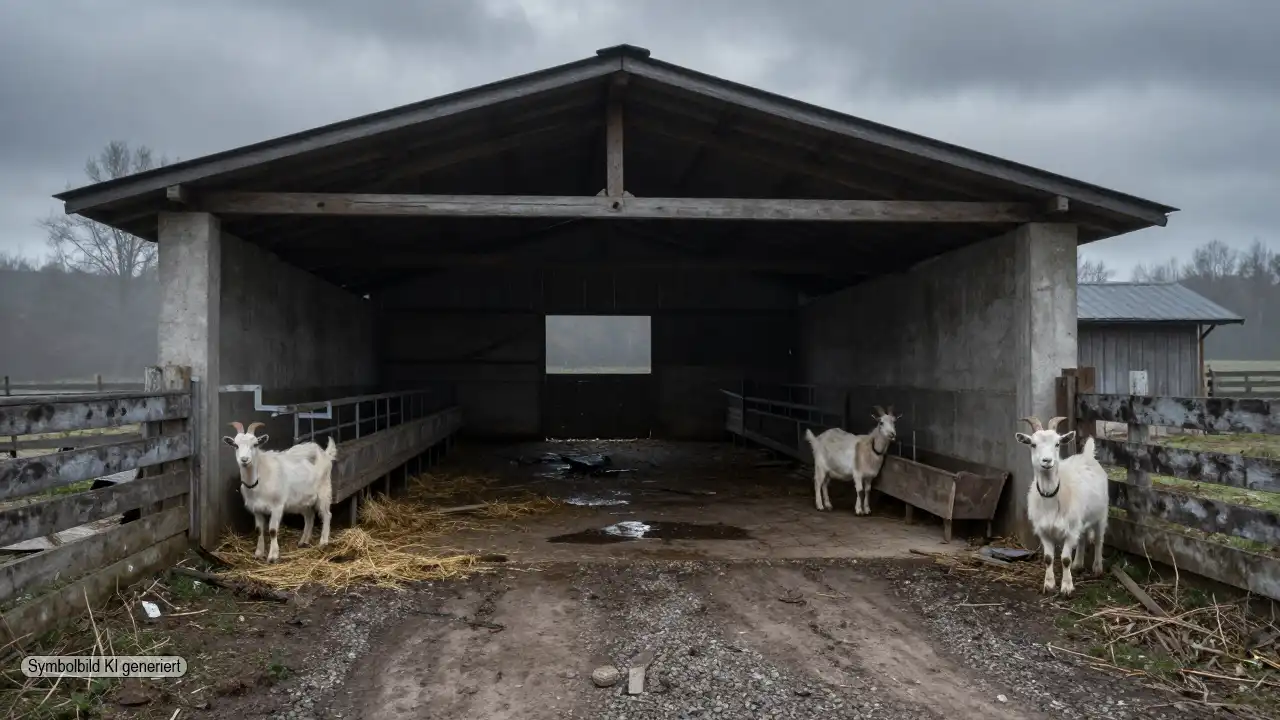 Verlassener Ziegenstall auf einem Hof in Bayern mit leerstehenden Ställen und wenigen Ziegen am Rand, der den Ziegenhof Tierschutzskandal visuell widerspiegelt
