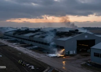 Verkohlter Schweinestall in ländlicher Umgebung mit beschädigten Lüftern und aufsteigendem Rauch nach einem Stallbrand Schweinemast im morgendlichen Dämmerlicht