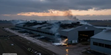 Verkohlter Schweinestall in ländlicher Umgebung mit beschädigten Lüftern und aufsteigendem Rauch nach einem Stallbrand Schweinemast im morgendlichen Dämmerlicht